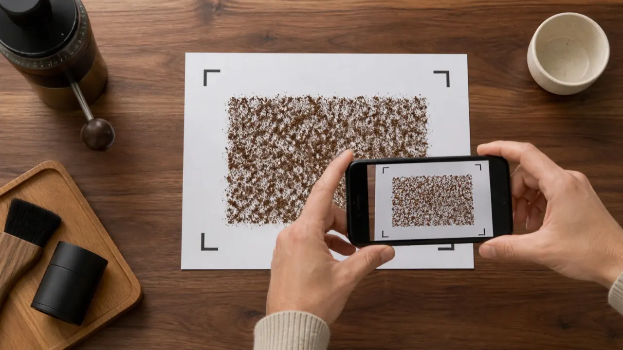 A home barista photographing coffee grounds on the Baristuno calibration mat for grind analysis.