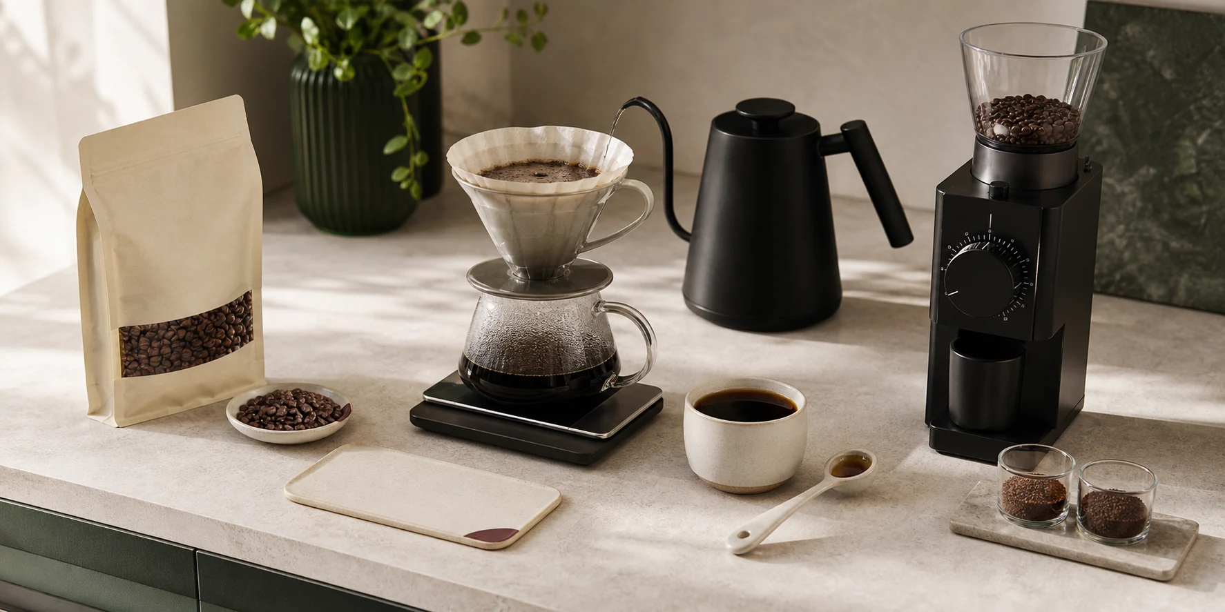 A connected home coffee workflow with coffee, pour-over brewing, tasting, grinder adjustment, and measured grind samples.