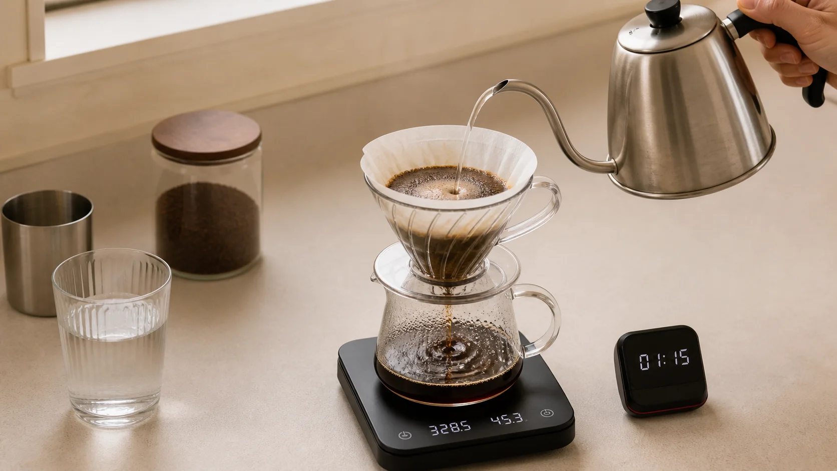 A technically complete pour-over setup showing kettle stream, wet coffee bed, carafe, scale, and timer together.