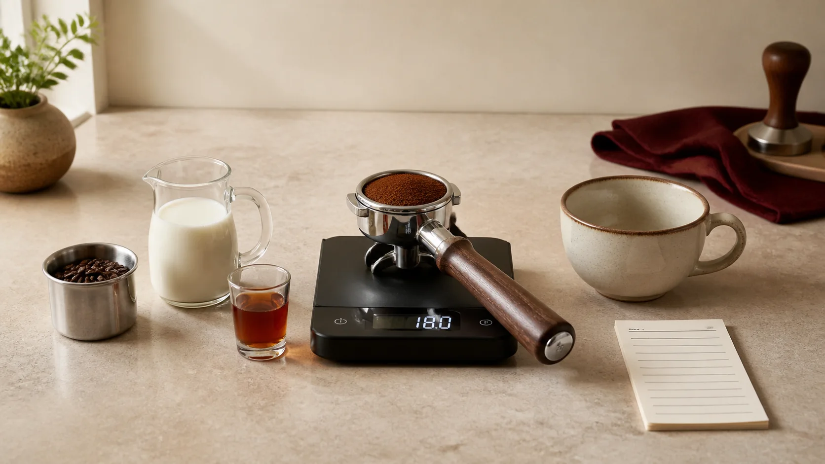 Measured espresso ingredients and equipment arranged on a coffee counter before brewing.