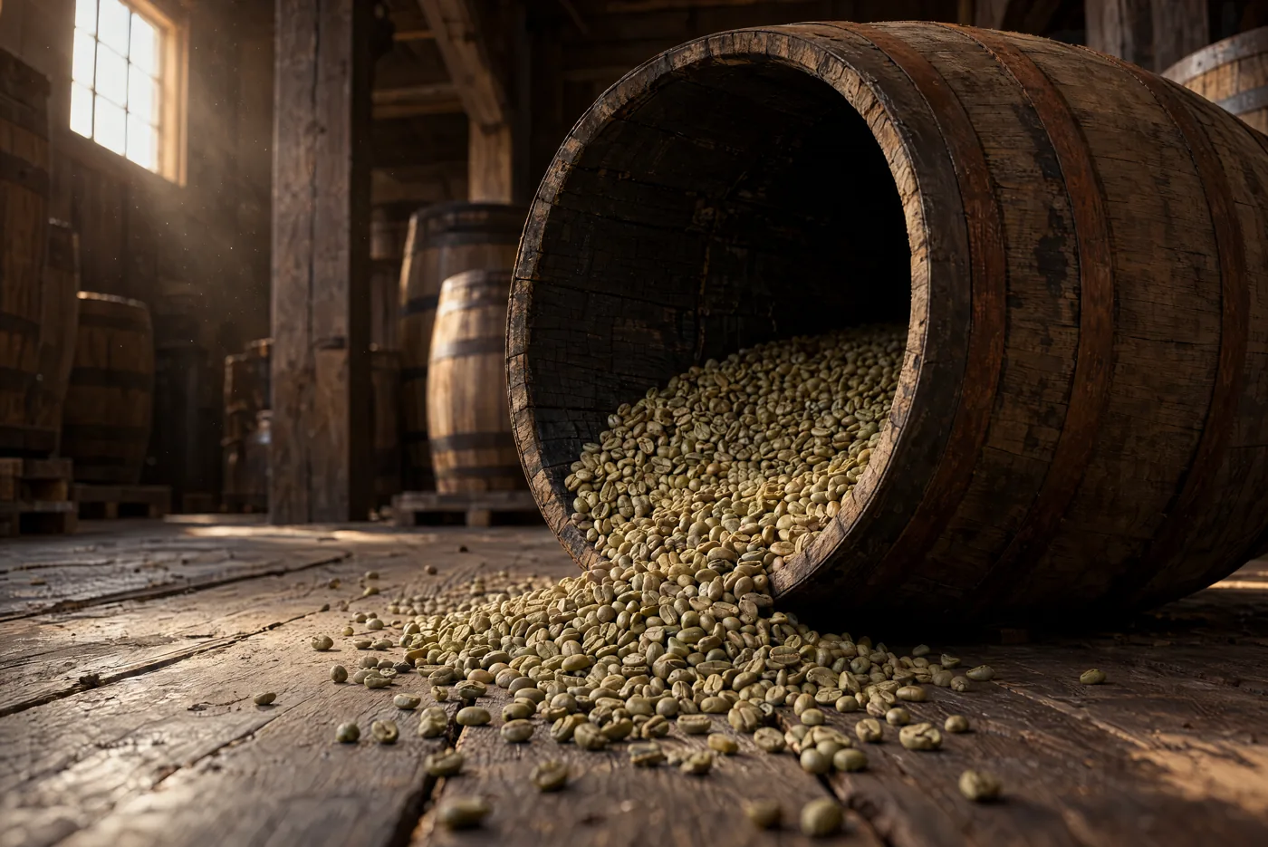 Green coffee beans spilling from a wooden barrel