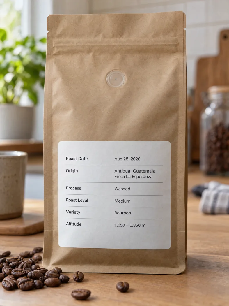 The information panel on the back of a coffee bag