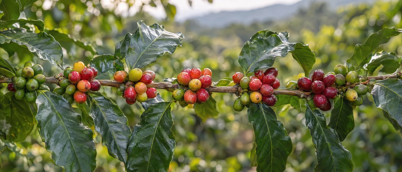 A coffee branch carrying green, yellow and red cherries at different stages of ripeness