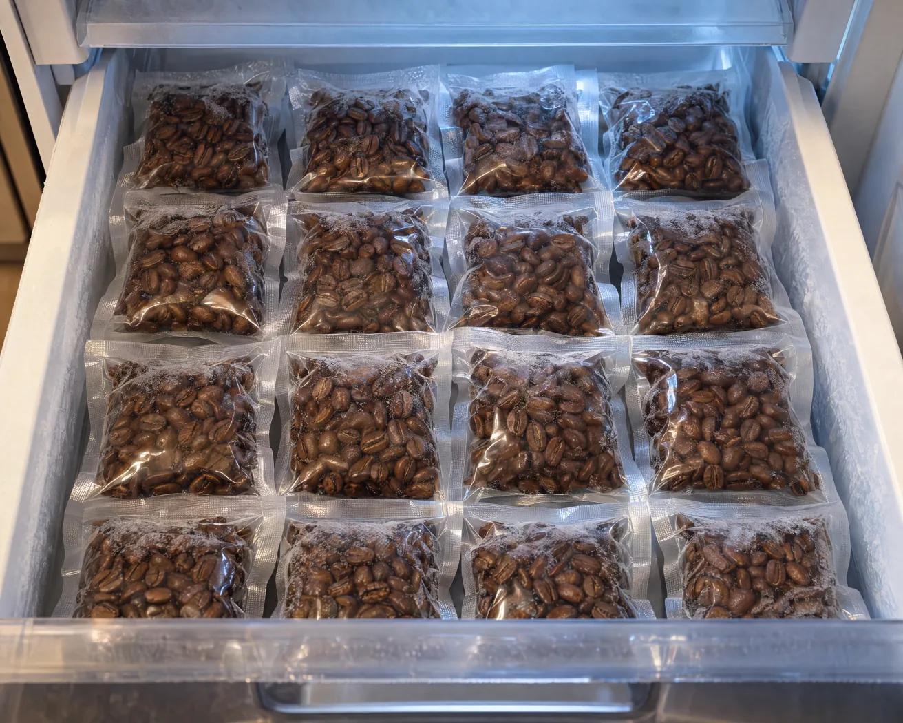 Coffee divided into sealed small portions in a freezer