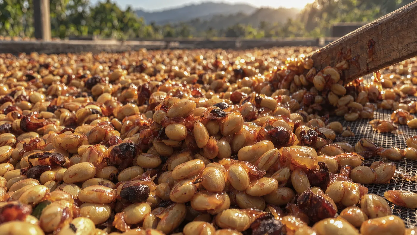 Pulped coffee with sticky mucilage drying on a raised bed