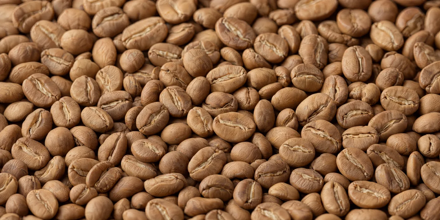 Light brown, dry-surfaced roasted coffee beans