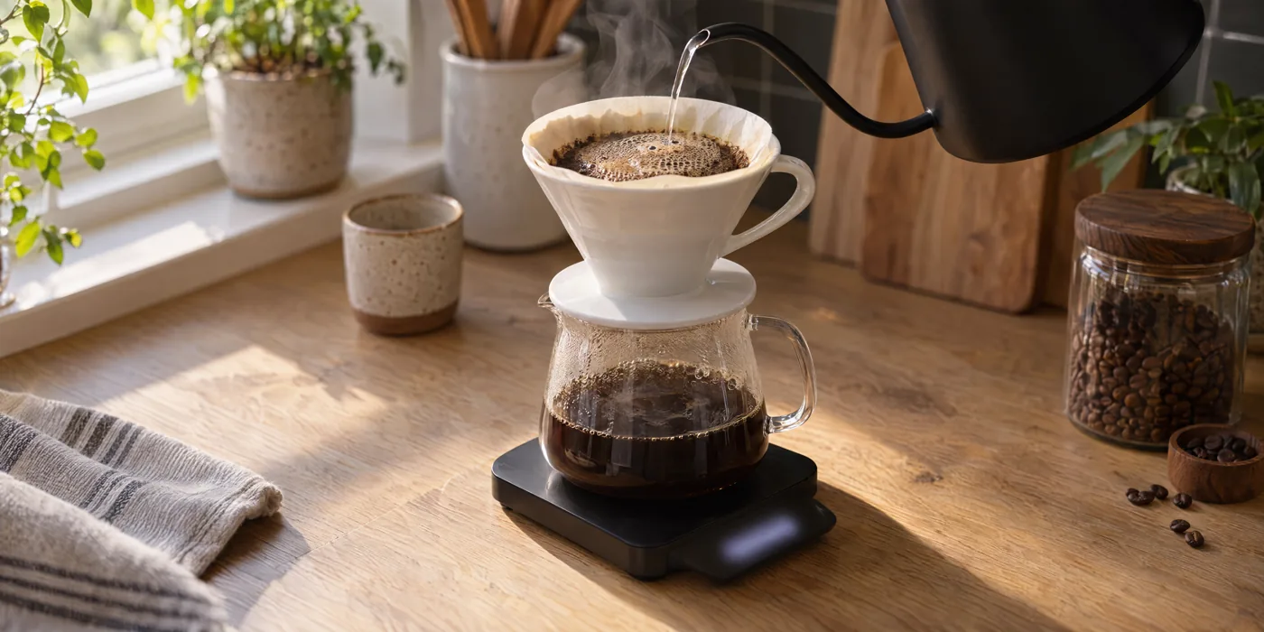 A kettle pouring into a coffee dripper and carafe on a digital scale