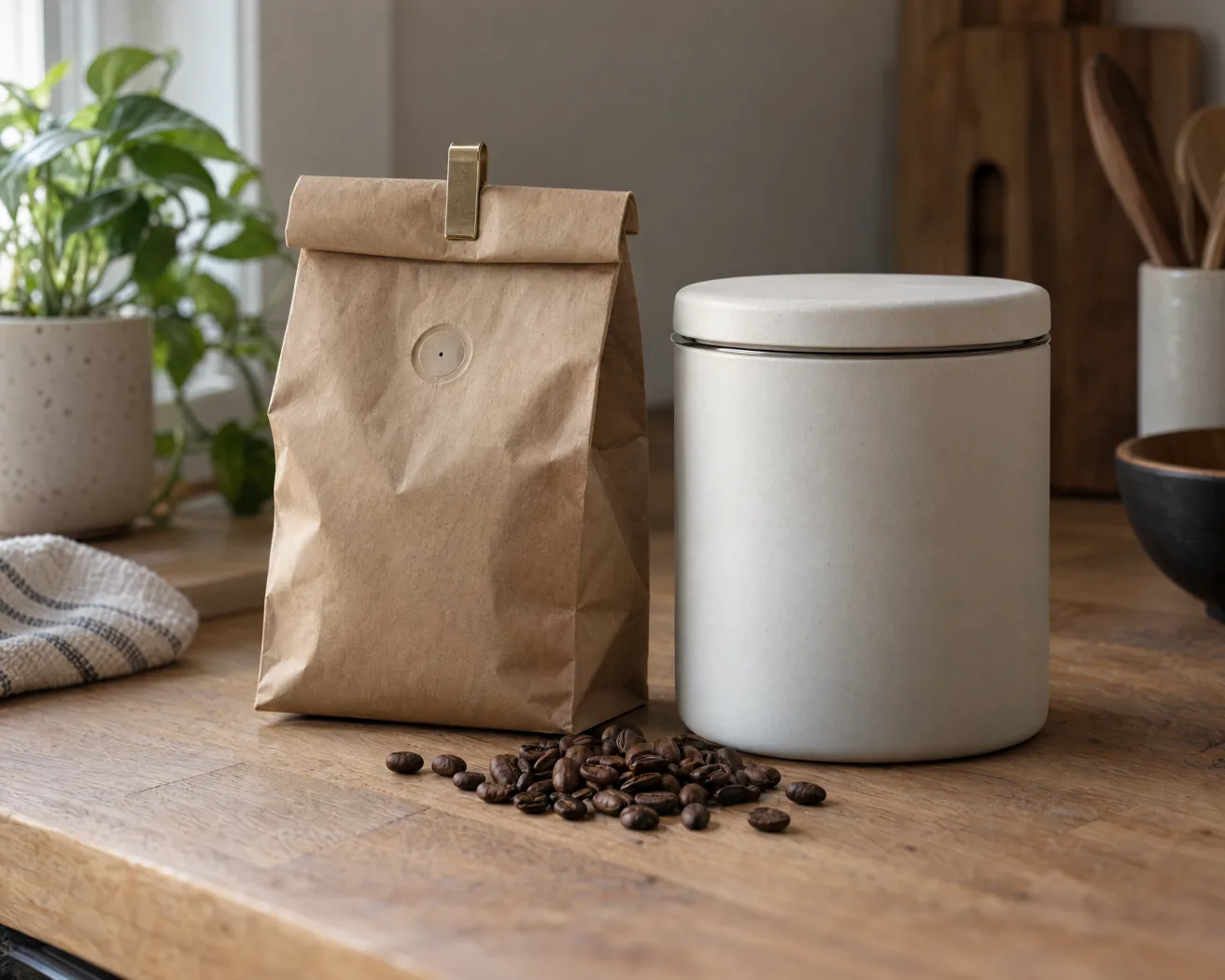 A resealable valve coffee bag beside an airtight storage canister