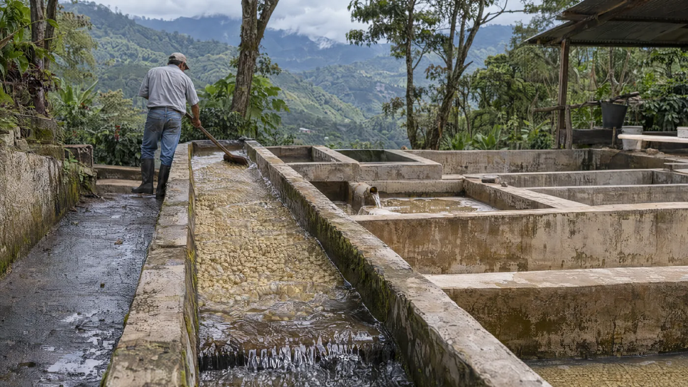 Coffee moving through washing channels at a wet mill