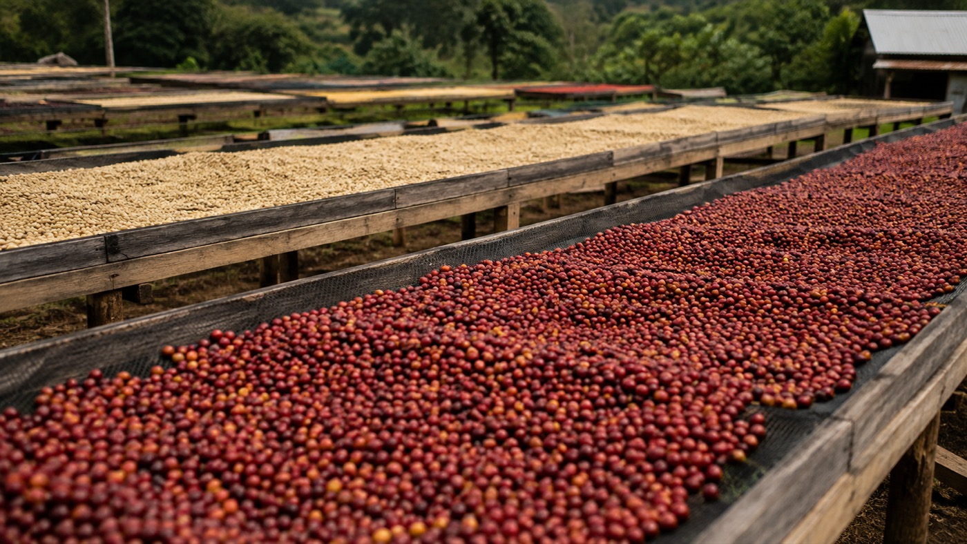 Coffee cherries drying on raised beds
