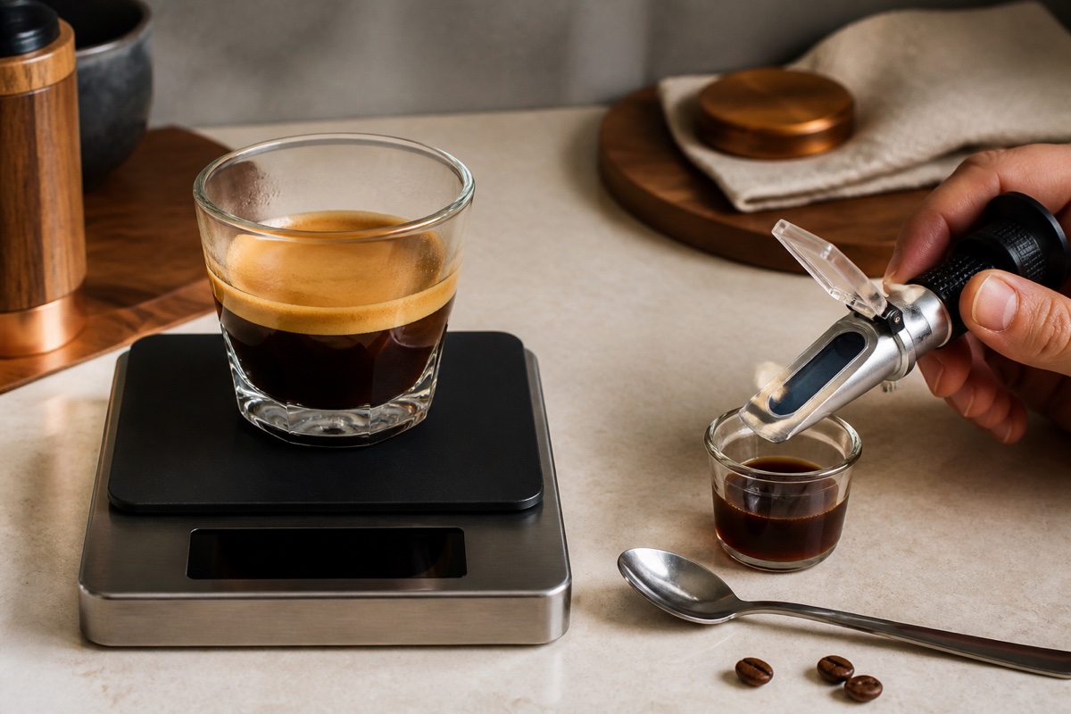 Espresso weighed on a scale beside a refractometer sample for comparing yield and strength
