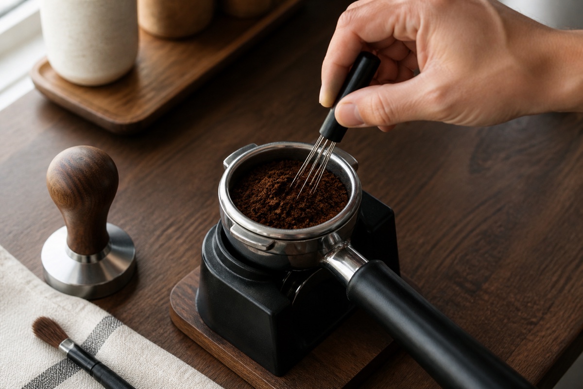 A thin-needle distribution tool evening fresh grounds in a portafilter before tamping