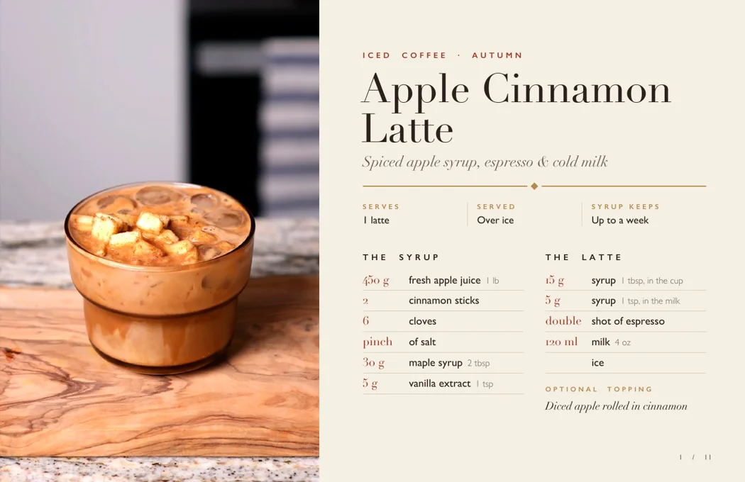 Preview of the Apple Cinnamon Latte PDF, showing the syrup and latte ingredients beside a photo of the finished drink