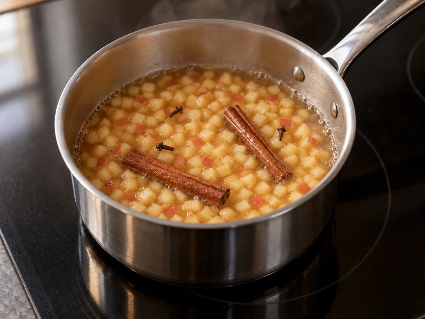 Diced apple, cinnamon sticks and cloves gently simmering in a saucepan
