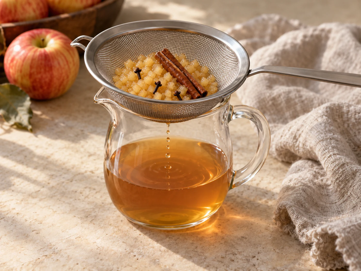 Cooked apple and spices being strained through a fine-mesh sieve into a glass jug