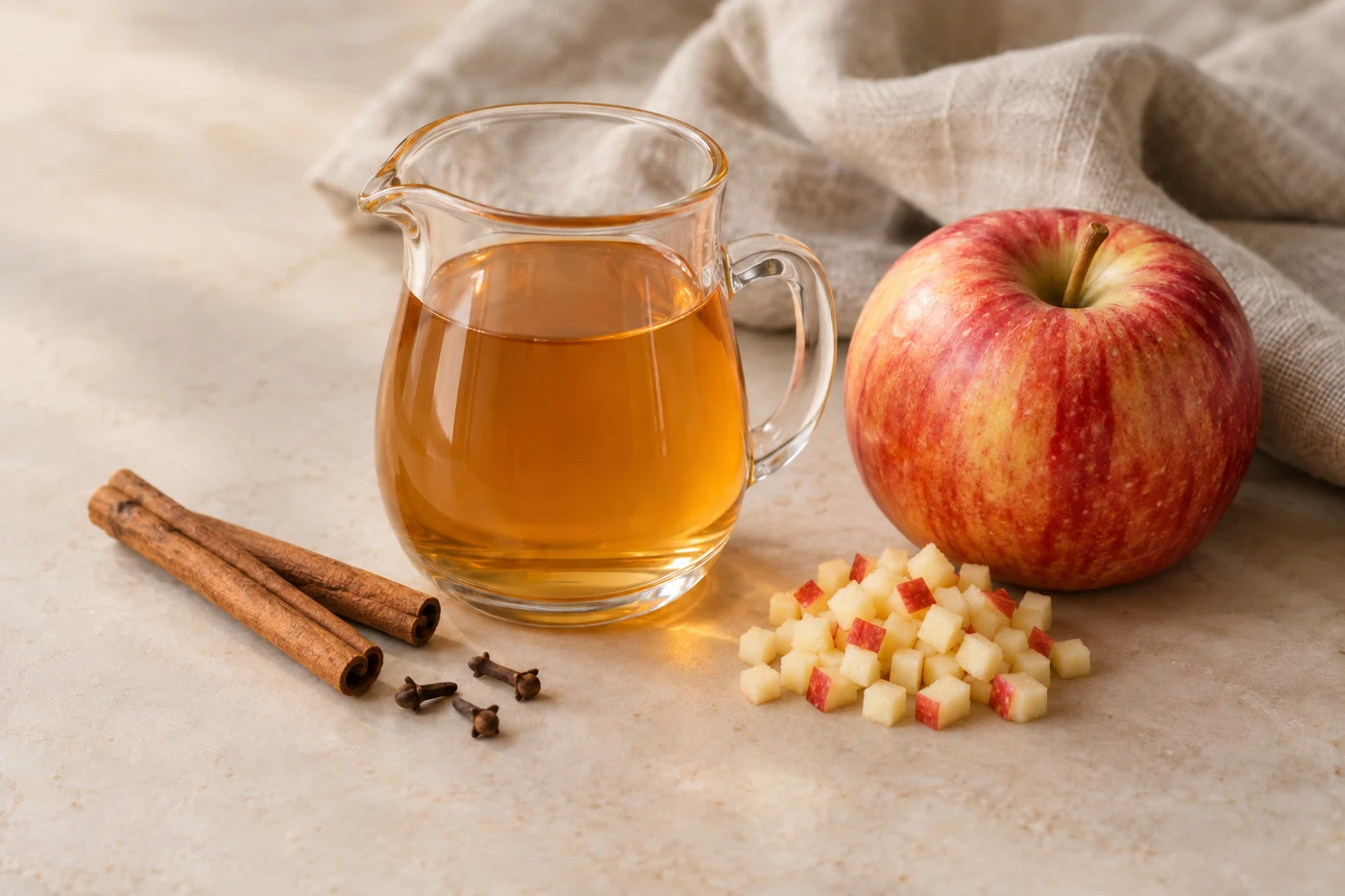 Amber apple syrup in a glass jug beside a Honeycrisp apple, diced apple, cinnamon and cloves