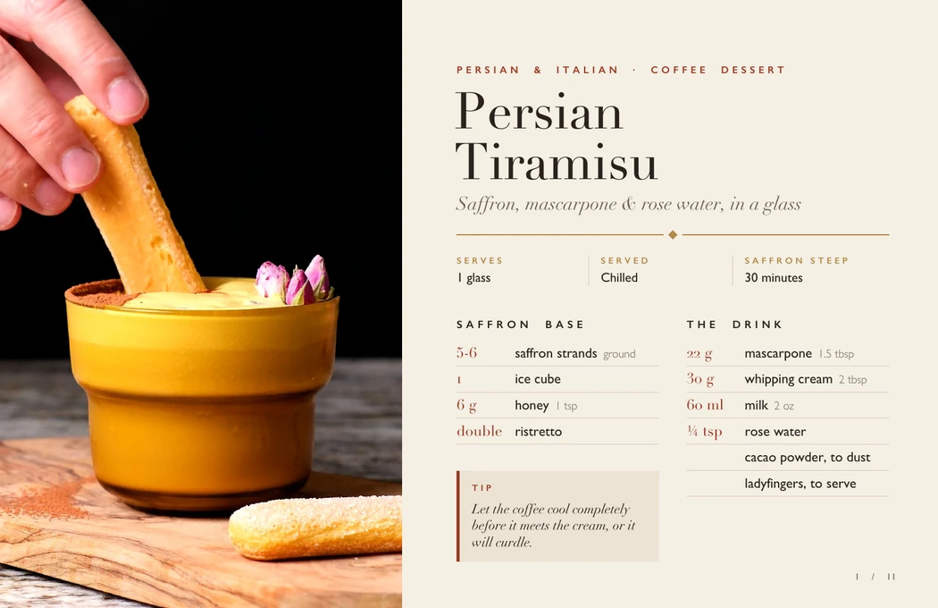 Preview of the Persian Tiramisu PDF, showing the saffron base and drink ingredients beside a photo of the finished drink